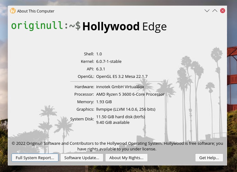 A screenshot of Hollywood about window displaying a QEMU virtual machine specifications on top of a 
            included default wallpaper of the Golden Gate Bridge in San Francisco, California.